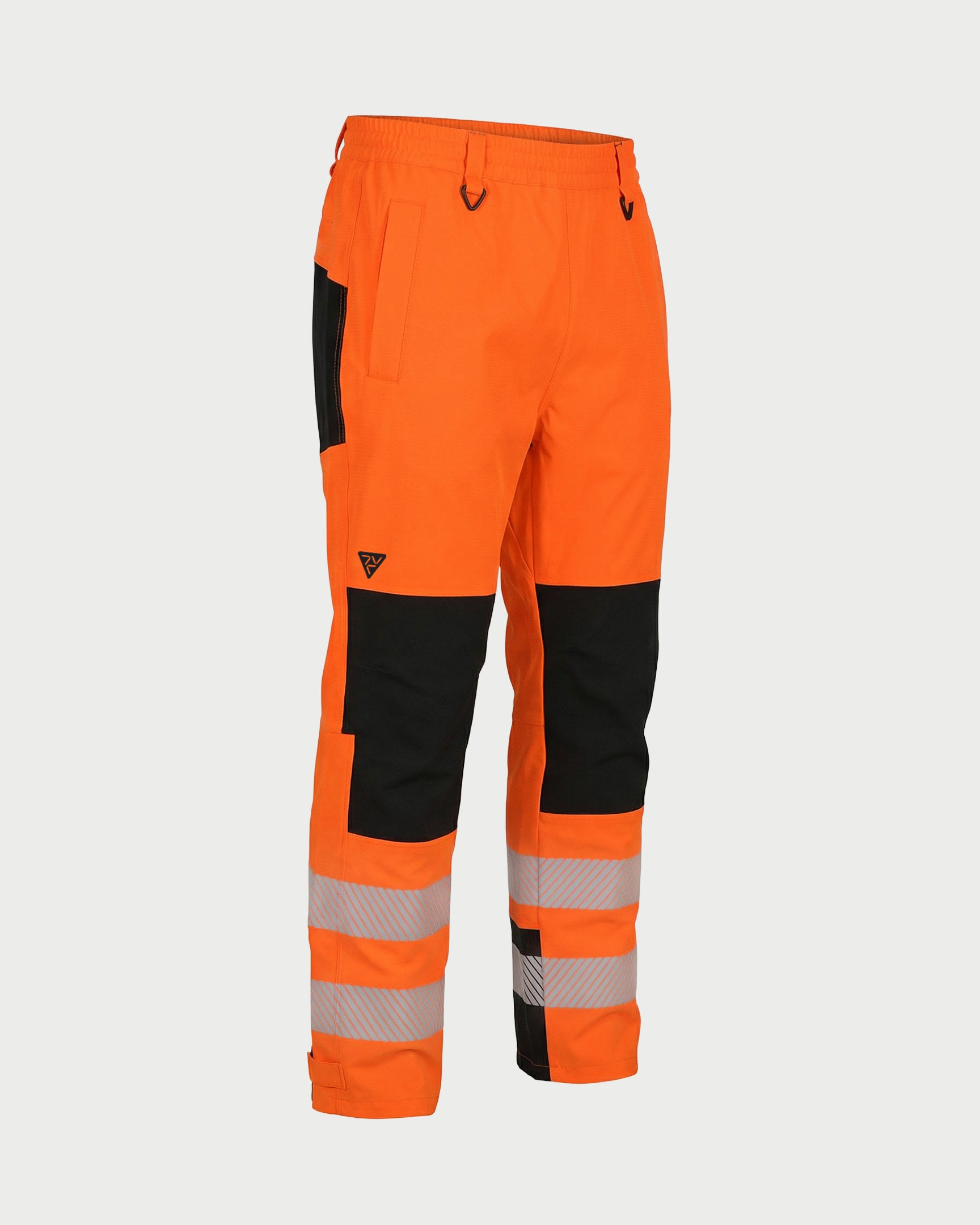 Vohl Hi Vis Waterproof Shell Pant - Safety Orange - SKU HV-SP-205, angled front view with reinforced knee panels and reflective striping | color: safety-orange