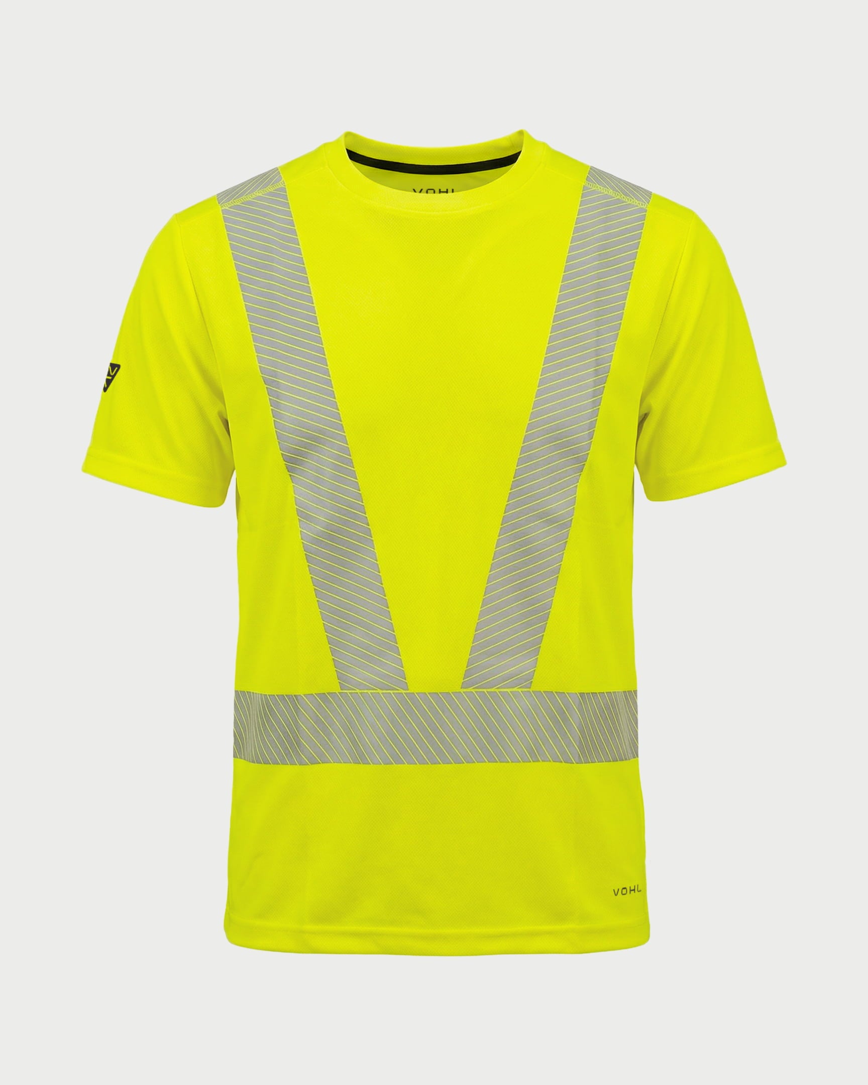 Vohl Hi Vis Short Sleeve Reflective T-Shirt – Safety Yellow – SKU HV-SS-105, front view with segmented reflective tape and crew neck | color:safety-yellow