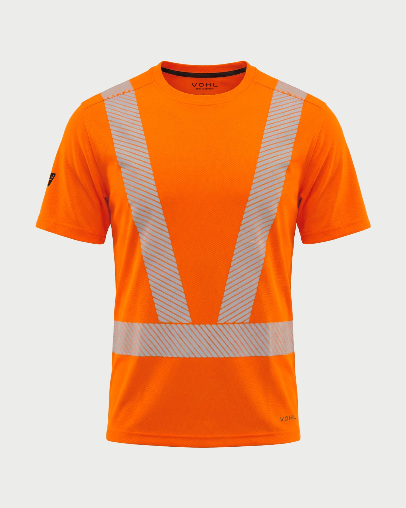 Vohl Hi Vis Short Sleeve Reflective T-Shirt – Safety Yellow – SKU HV-SS-205, front view with segmented reflective tape and crew neck | color:safety-orange