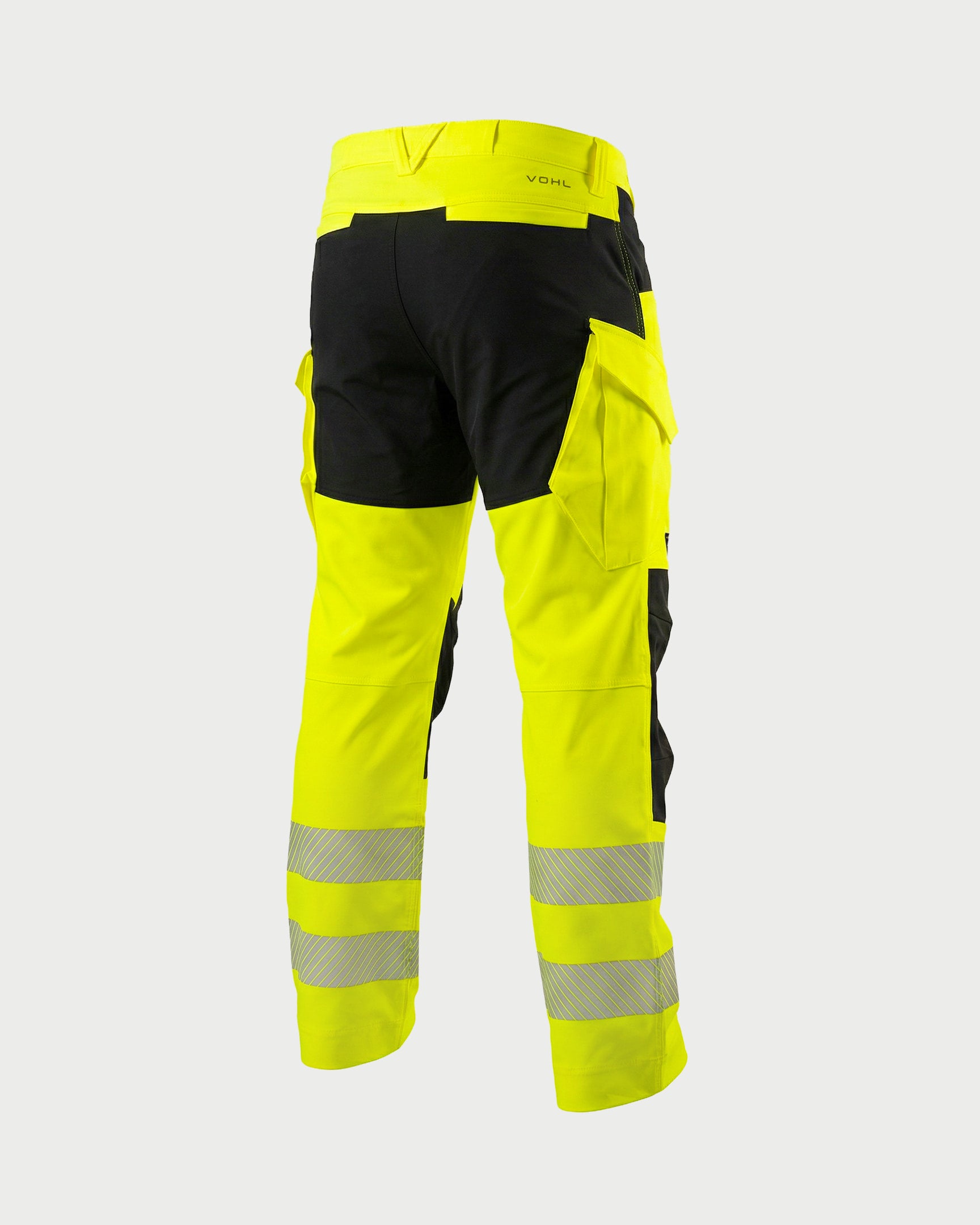 Vohl Hi Vis Utility Pant – Safety Yellow – SKU HV-UP-105, angled back view with Cordura reinforced seat panel and reflective detailing | color:safety-yellow