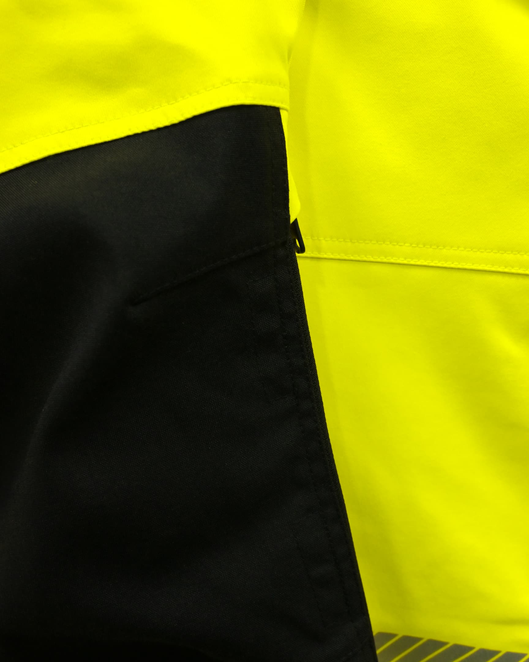 Vohl Hi Vis Utility Pant – Safety Yellow – SKU HV-UP-105, heavy-duty Cordura reinforced contrast fabric close-up | color:safety-yellow