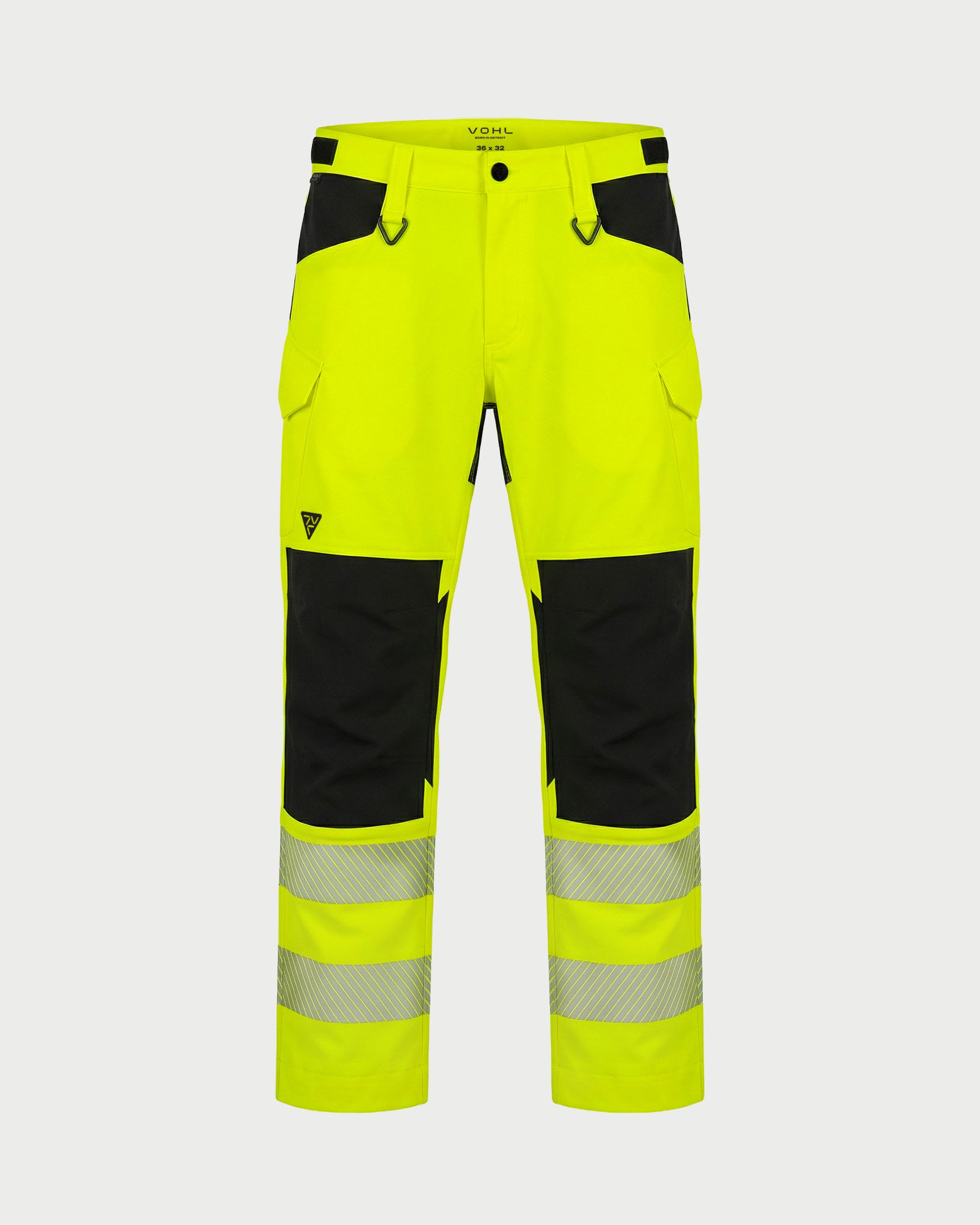 Vohl Hi Vis Utility Pant – Safety Yellow – SKU HV-UP-105, front view with Cordura reinforced knee panels and reflective leg bands | color:safety-yellow