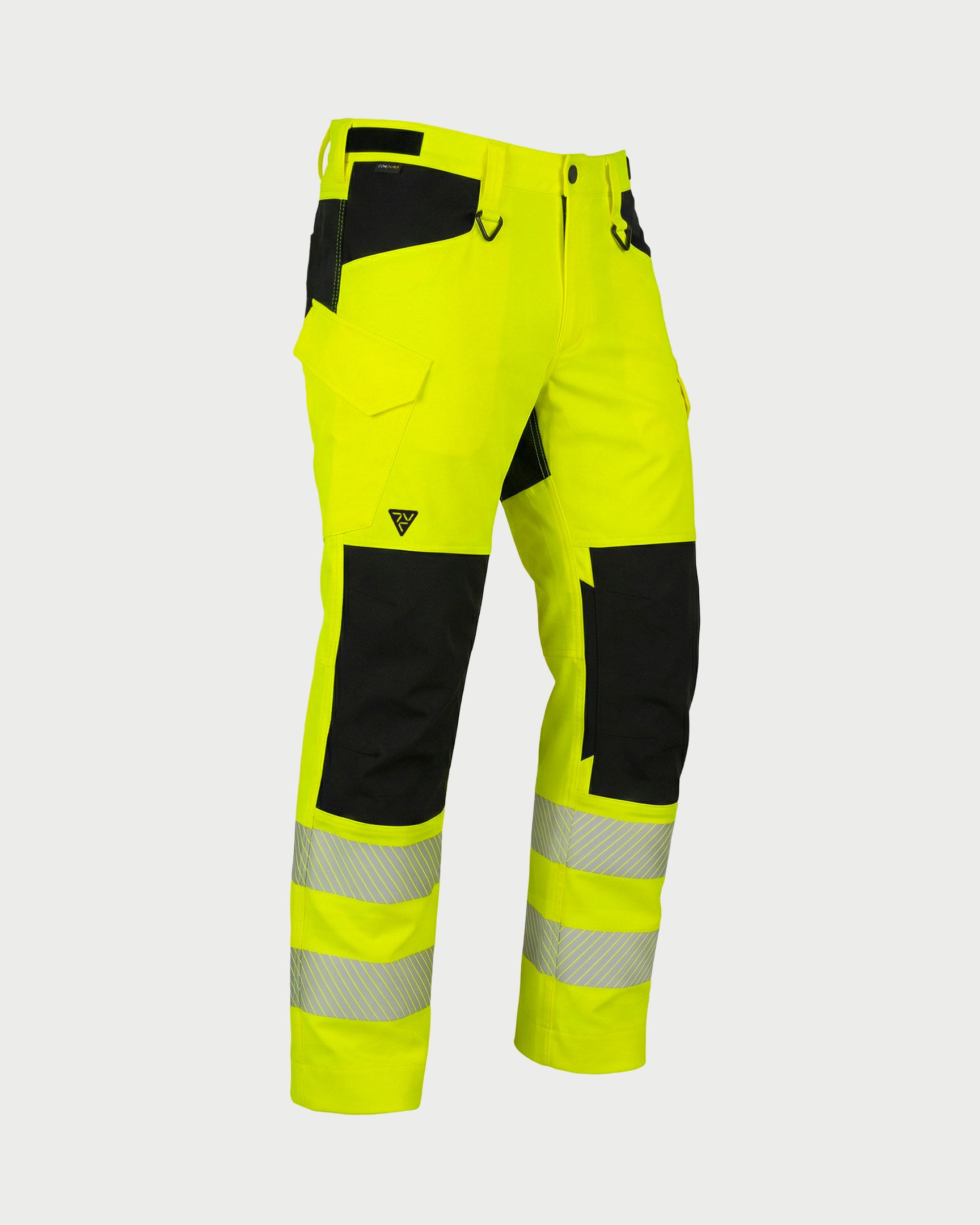 Vohl Hi Vis Utility Pant – Safety Yellow – SKU HV-UP-105, angled front view showing utility pockets, D-ring attachments and Cordura contrast panels | color:safety-yellow