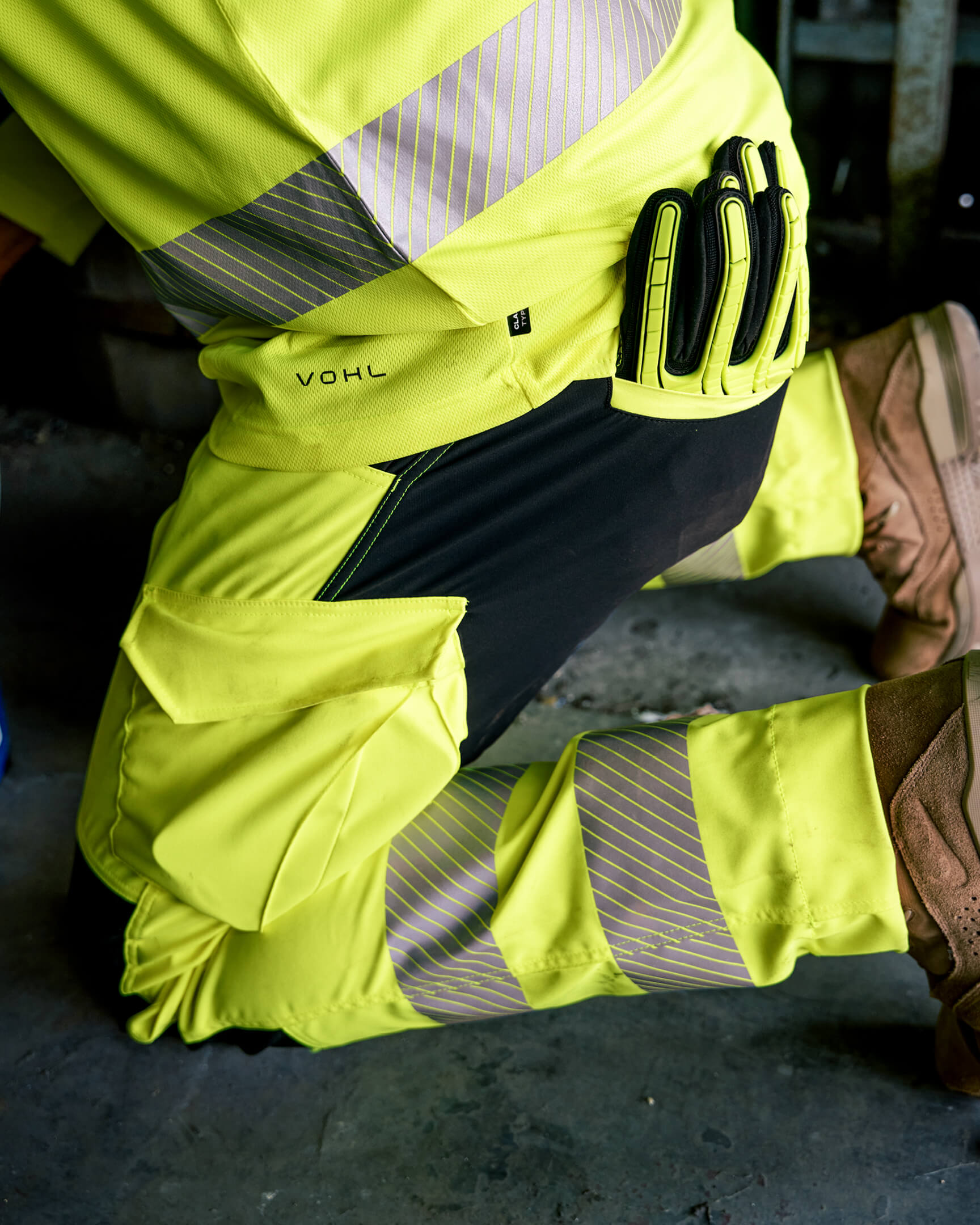 VOHL Hi Vis Utility Pant – Safety Yellow highlighting articulated knees and durable workwear construction | color:safety-yellow