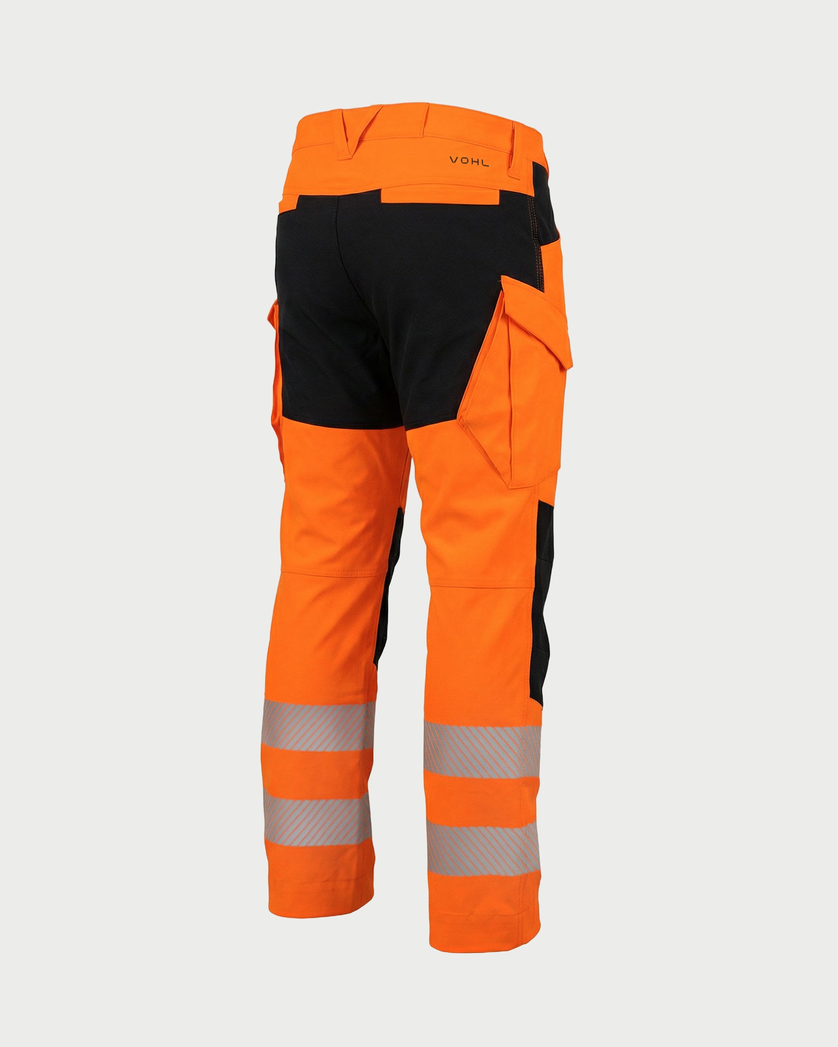 Vohl Hi Vis Utility Pant – Safety Orange – SKU HV-UP-205, angled back view with Cordura reinforced seat panel and reflective detailing | color:safety-orange