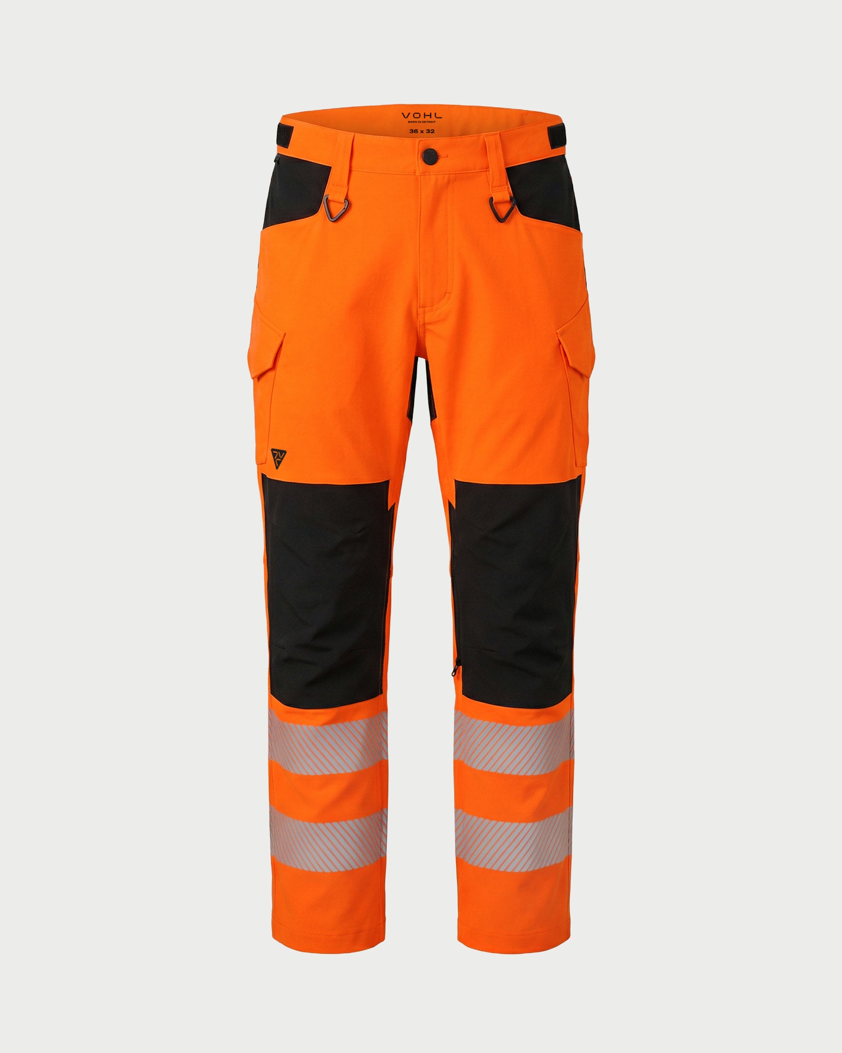 Vohl Hi Vis Utility Pant – Safety Orange – SKU HV-UP-205, front view with Cordura reinforced knee panels and reflective leg bands | color:safety-orange