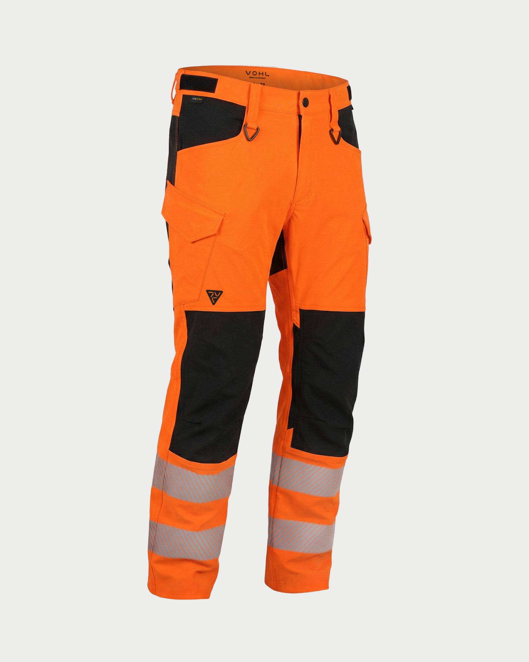 Vohl Hi Vis Utility Pant – Safety Orange – SKU HV-UP-205, angled front view showing utility pockets, D-ring attachments and Cordura contrast panels | color:safety-orange
