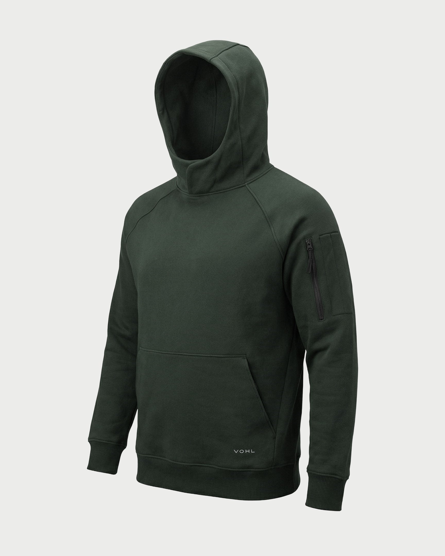 Vohl Heavyweight Fleece Hoody - Deep Forest Green - SKU WW-PO-400, angled front view with hood up and sleeve zip pocket | color:deep-forest-green