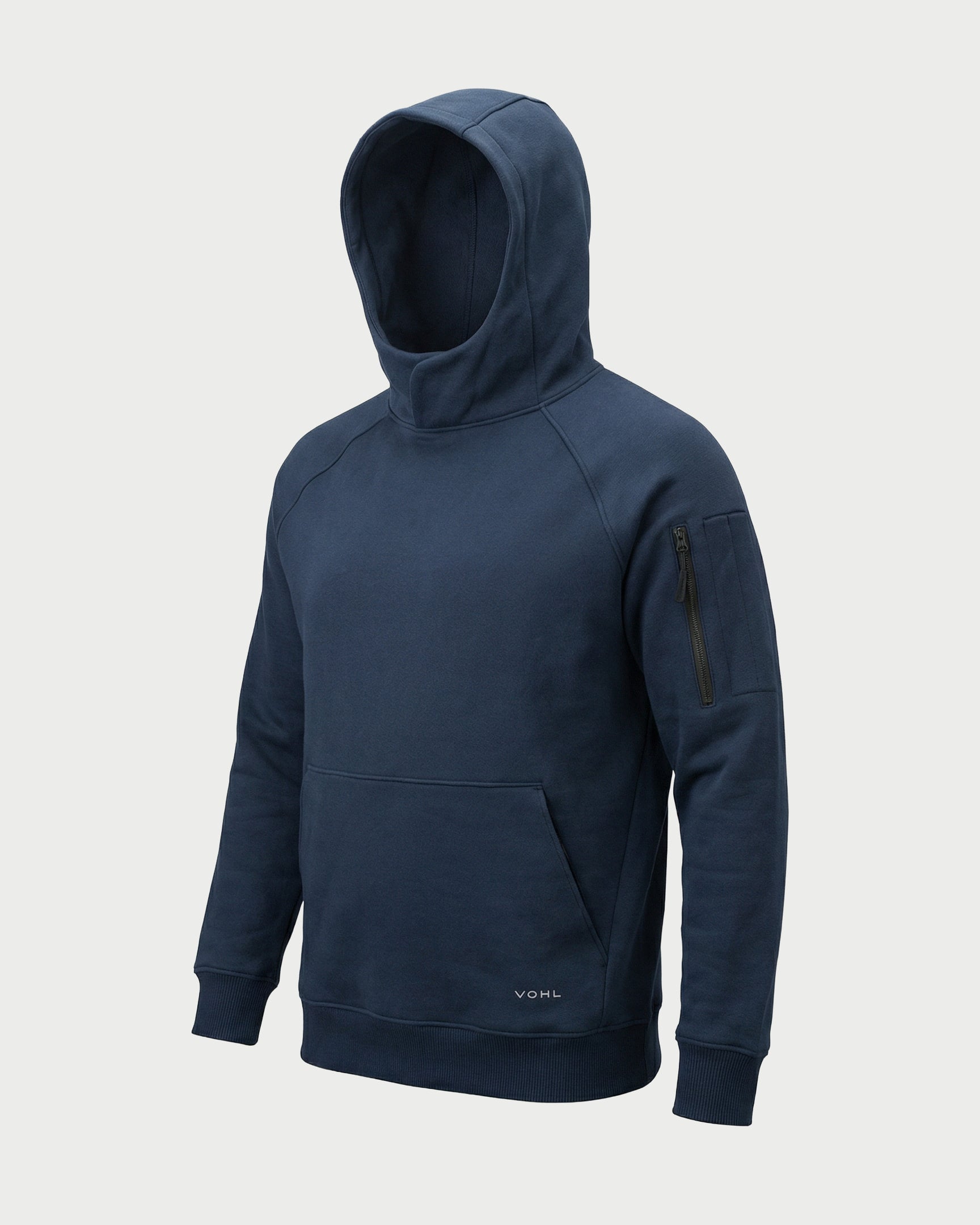 Vohl Heavyweight Fleece Hoody - Detroit Blue - SKU WW-PO-600, angled front view with hood up and sleeve zip pocket | color:detroit-blue