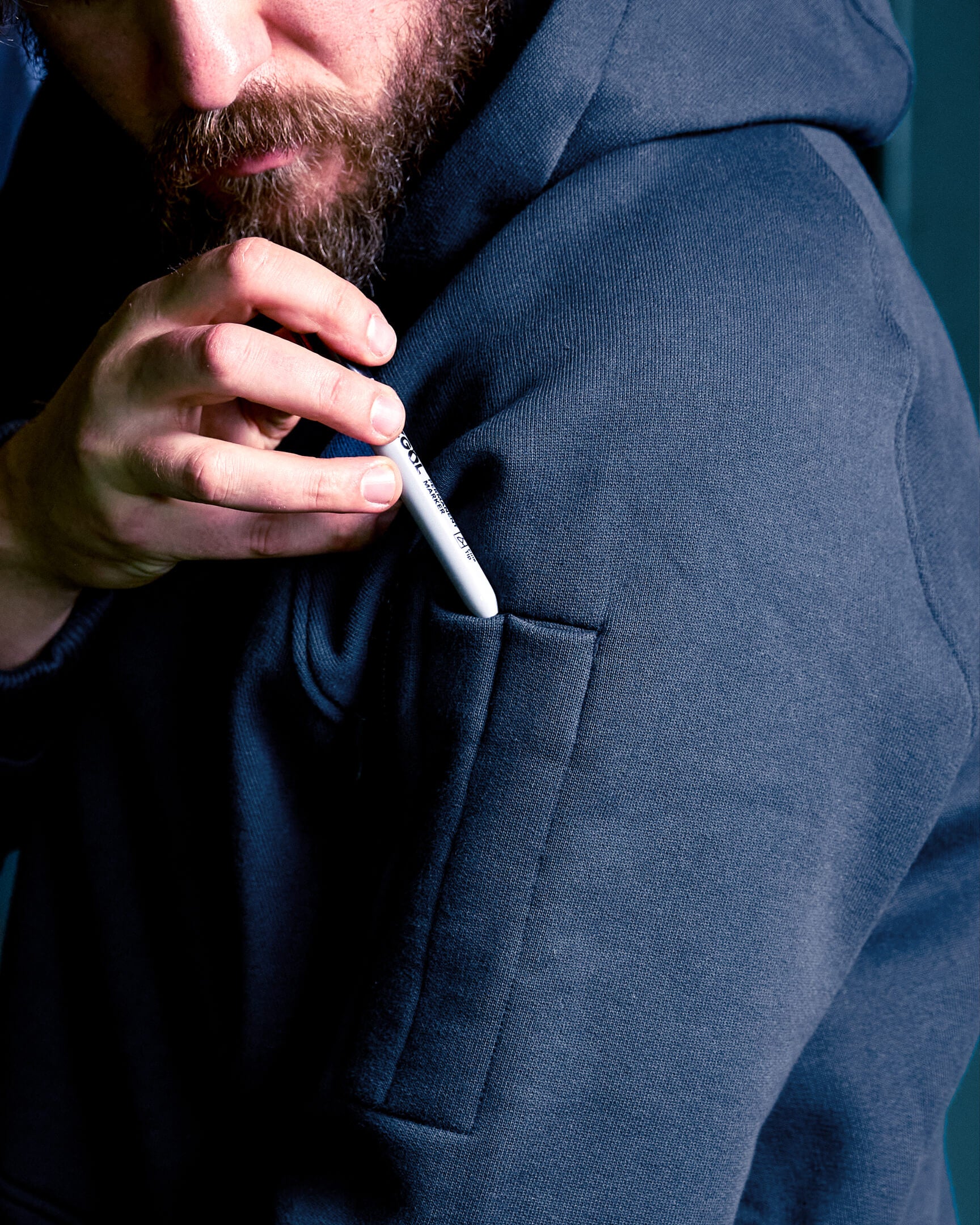 VOHL Heavyweight Fleece Hoody – Detroit Blue featuring the practical sleeve pocket for pens and small tools | color:detroit-blue