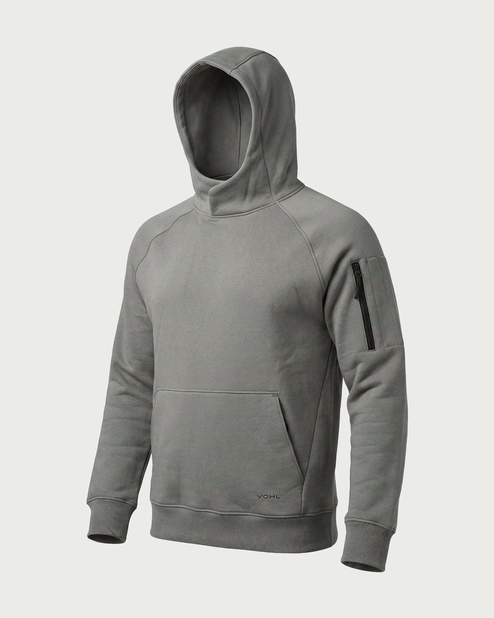 Vohl Heavyweight Fleece Hoody - Pewter - SKU WW-PO-700, angled front view with hood up and sleeve zip pocket | color:pewter