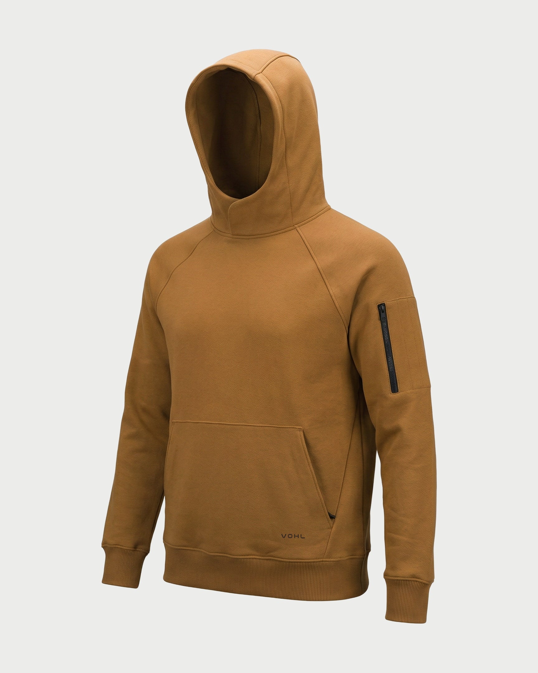 Vohl Heavyweight Fleece Hoody – Tobacco – SKU WW-PO-800, angled front view with hood up and sleeve zip pocket | color:tobacco