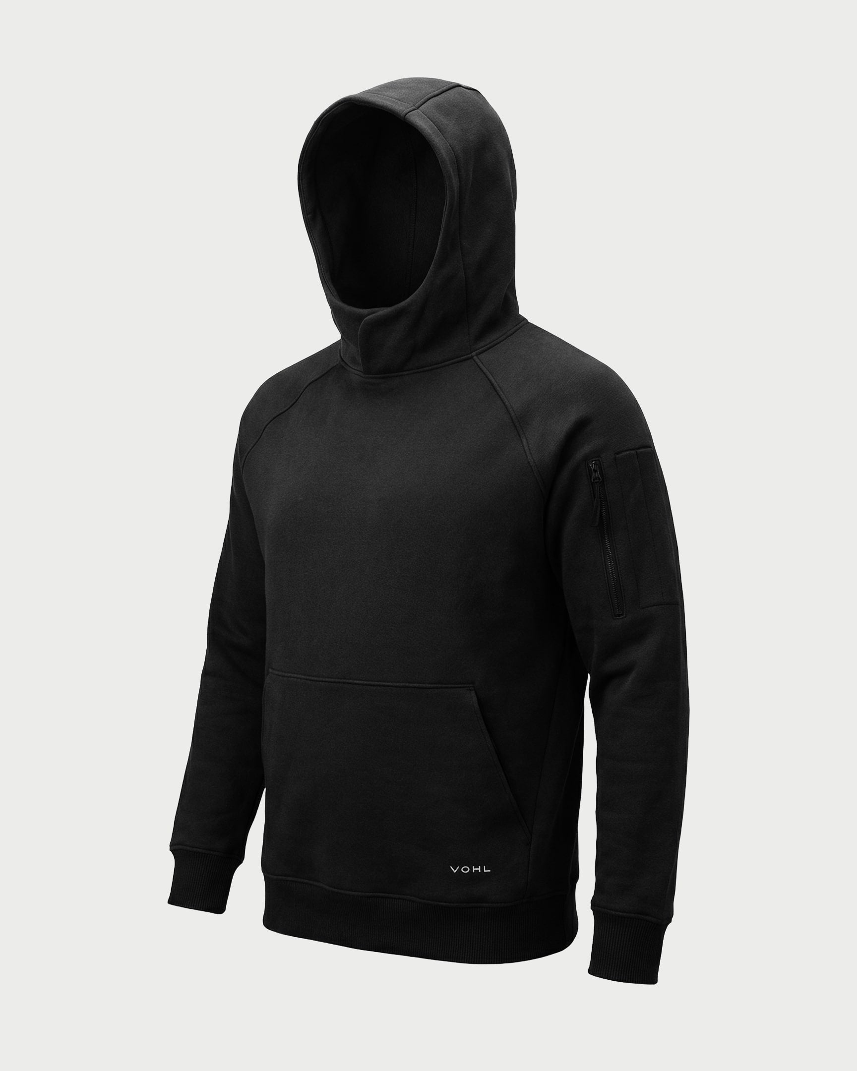 Vohl Heavyweight Fleece Hoody – Black – SKU WW-PO-900, angled front view with hood up and sleeve zip pocket | color:black