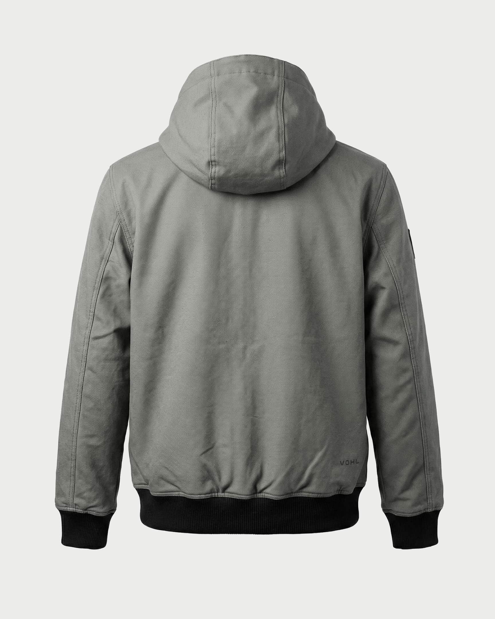 Vohl Quilted Lined Jacket - Pewter - SKU WW-UJ-700, back view with hood, Cordura outer shell and ribbed hem | color:pewter