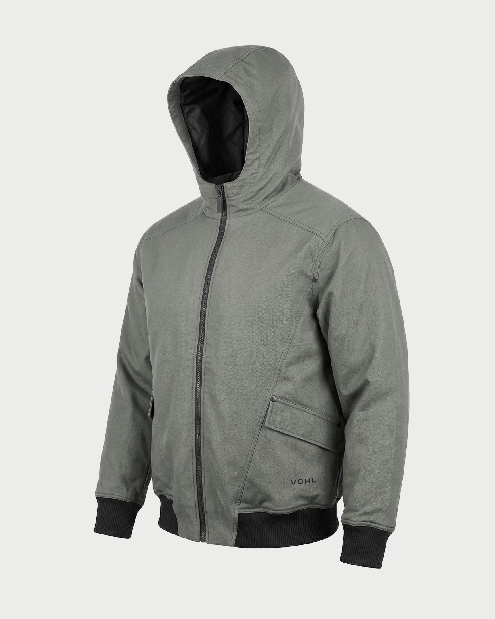 Vohl Quilted Lined Jacket - Pewter - SKU WW-UJ-700, angled front view with hood, full zip closure, flap pockets and Cordura outer shell | color:pewter