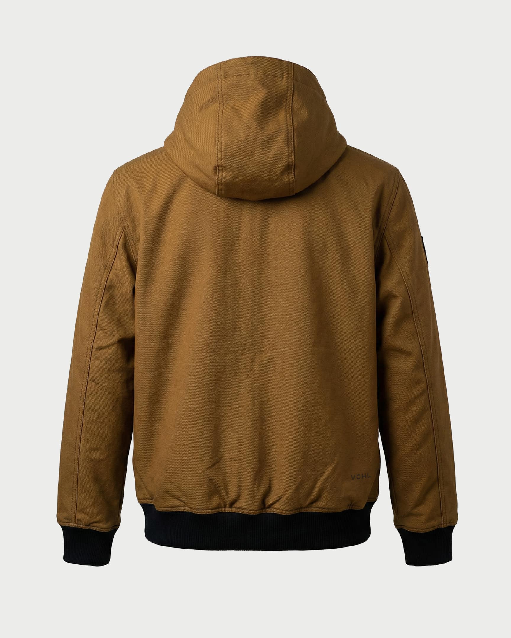 Vohl Quilted Lined Jacket - Tobacco - SKU WW-UJ-900, back view with hood, Cordura outer shell and ribbed hem | color:tobacco