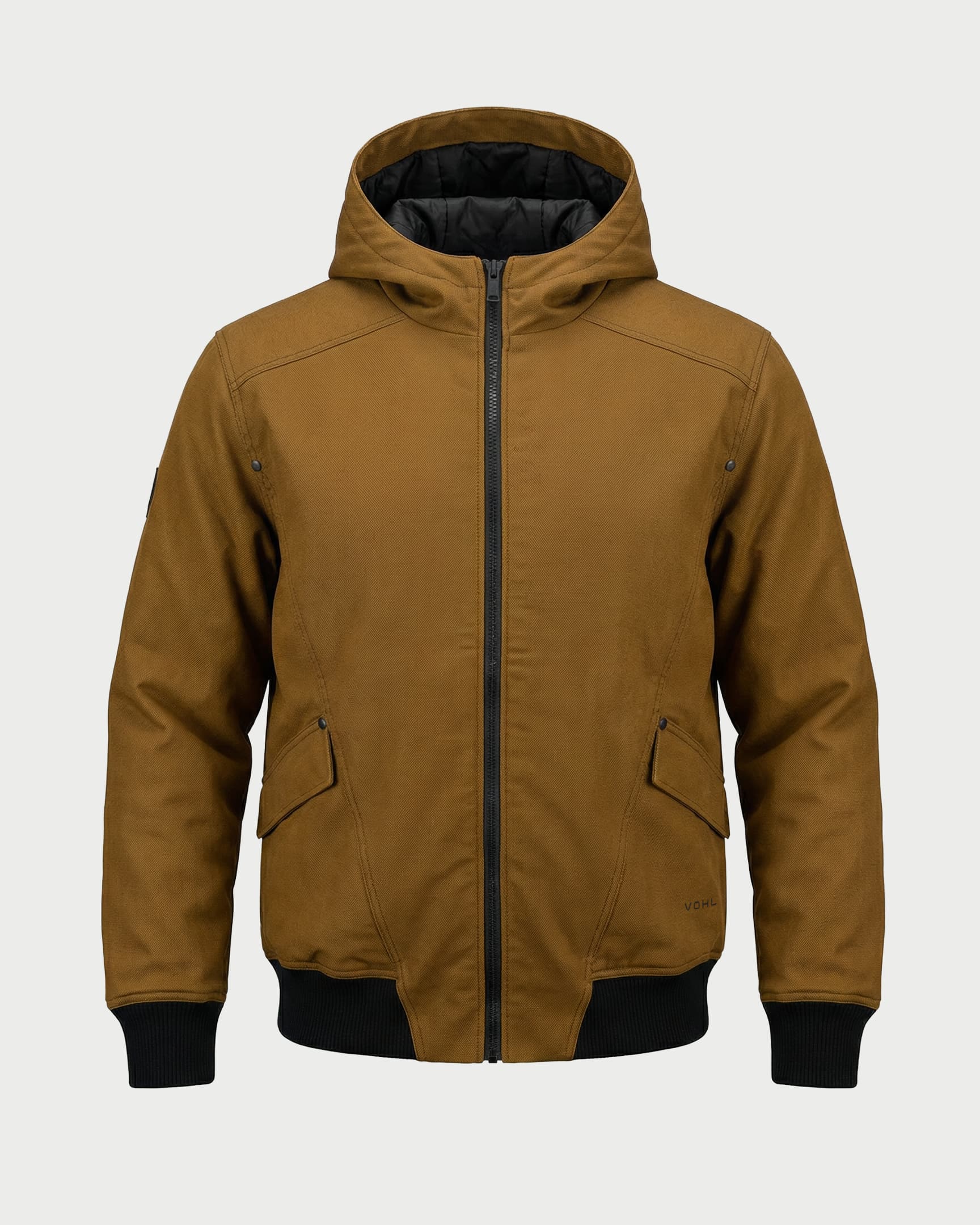 Vohl Quilted Lined Jacket - Tobacco - SKU WW-UJ-900, front view with full zip, hood, ribbed cuffs and Cordura reinforced outer shell | color:tobacco