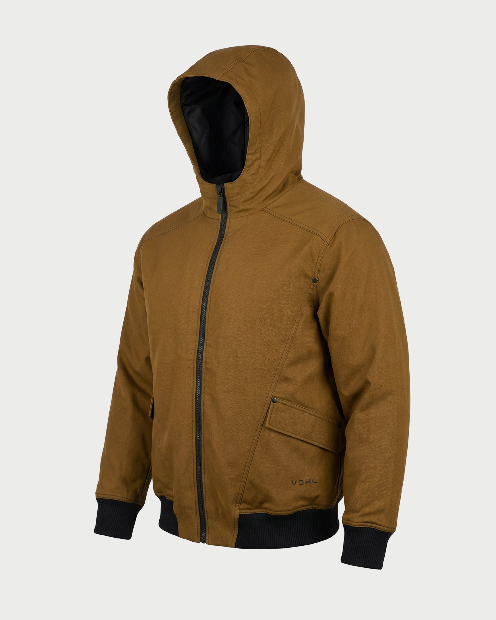 Vohl Quilted Lined Jacket - Tobacco - SKU WW-UJ-900, angled front view with hood, full zip closure, flap pockets and Cordura outer shell | color:tobacco