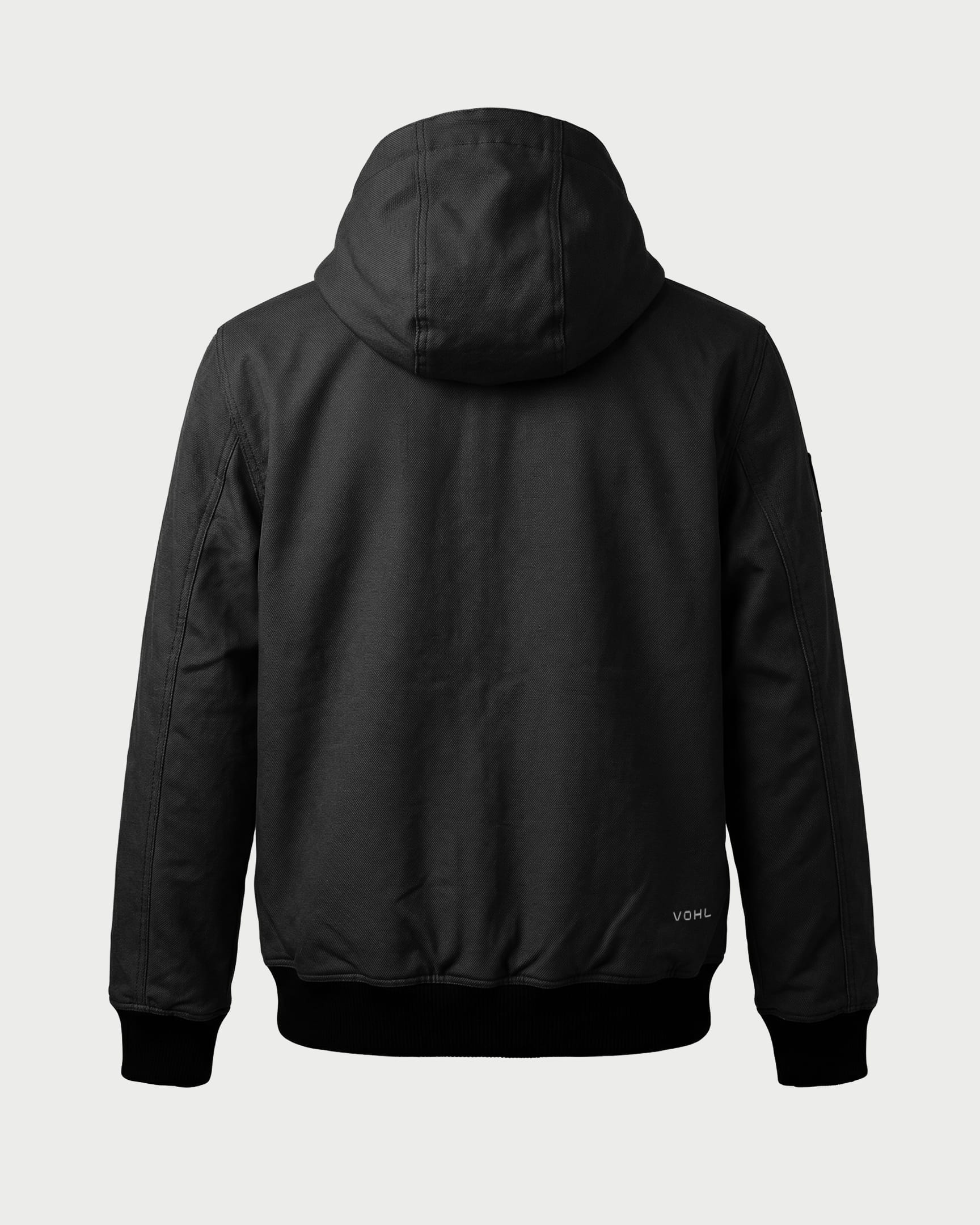 Vohl Quilted Lined Jacket - Black - SKU WW-UJ-900, back view with hood, Cordura outer shell and ribbed hem | color:black