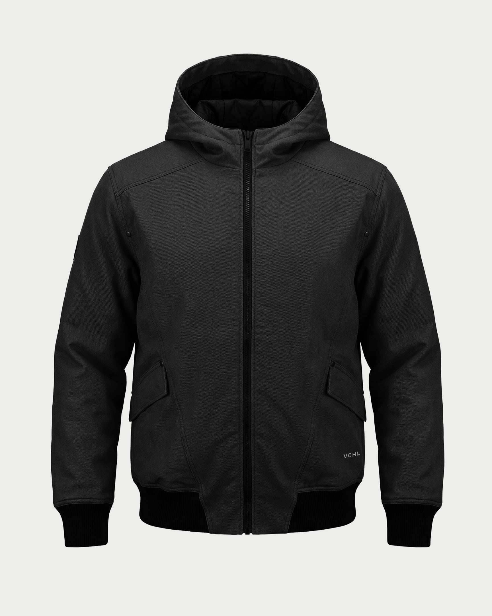 Vohl Quilted Lined Jacket - Black - SKU WW-UJ-900, front view with full zip, hood, ribbed cuffs and Cordura reinforced outer shell | color:black