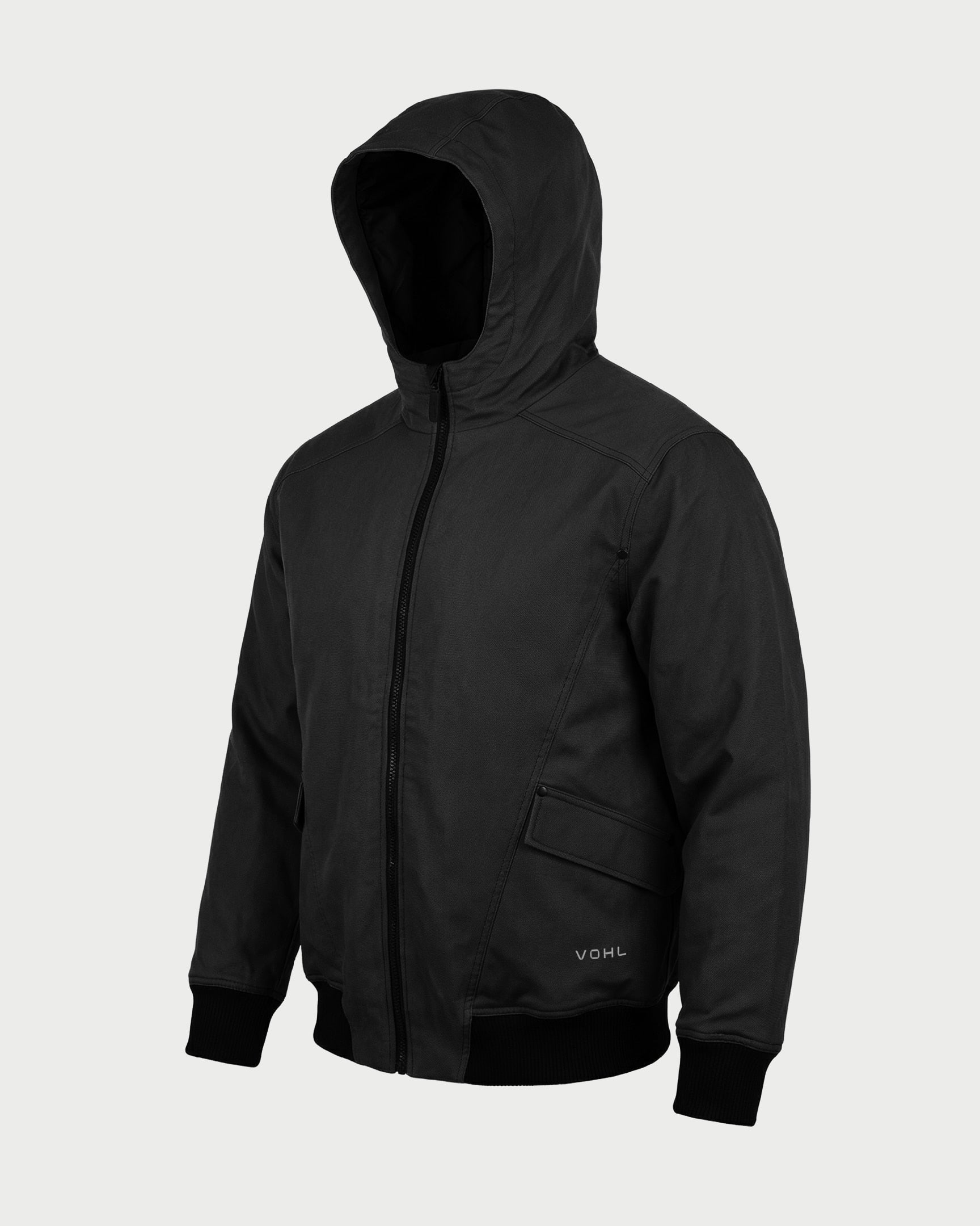 Vohl Quilted Lined Jacket - Black - SKU WW-UJ-900, angled front view with hood, full zip closure, flap pockets and Cordura outer shell | color:black
